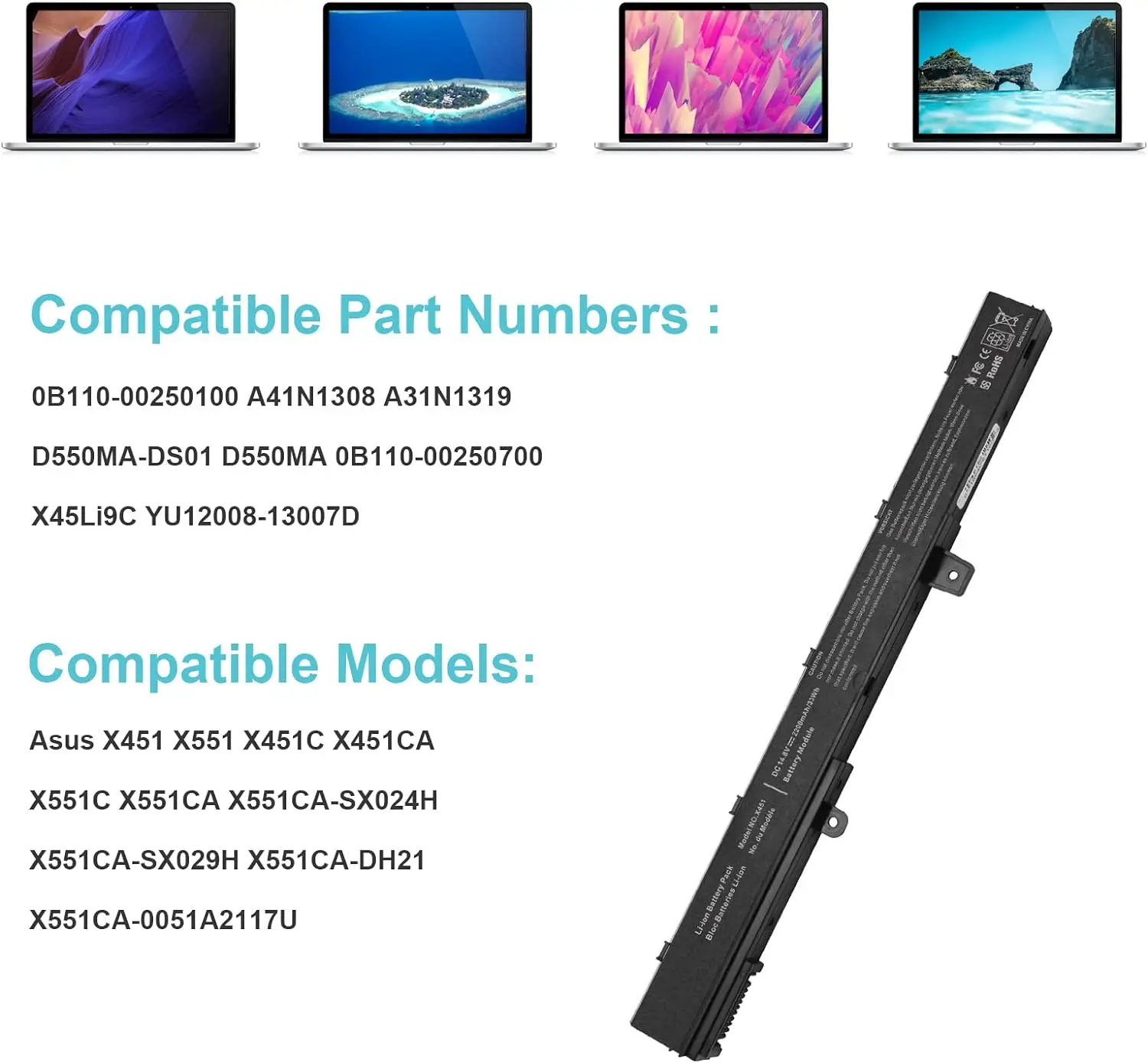 Batería para Asus X551 X551M A31N1319 X551C A41N1308 X551MA D550 X551CA A31LJ91 X451 X451C 00B110- 00250600 0B110- 00250100 - imagen 3