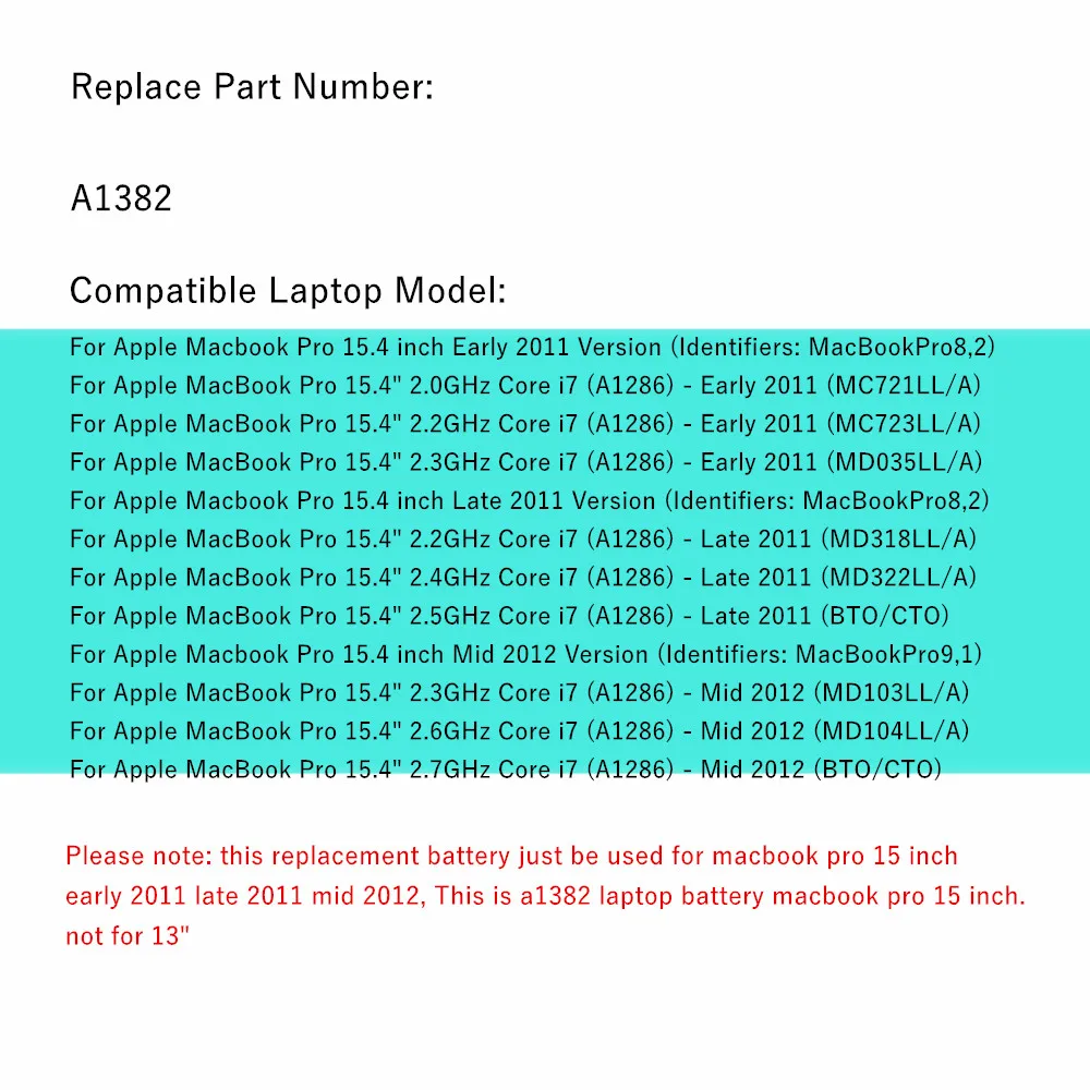Batería para ordenador portátil A1382 para Apple Macbook Pro 15 "A1286 2011 2012 Series, + 2 destornilladores gratis - imagen 5