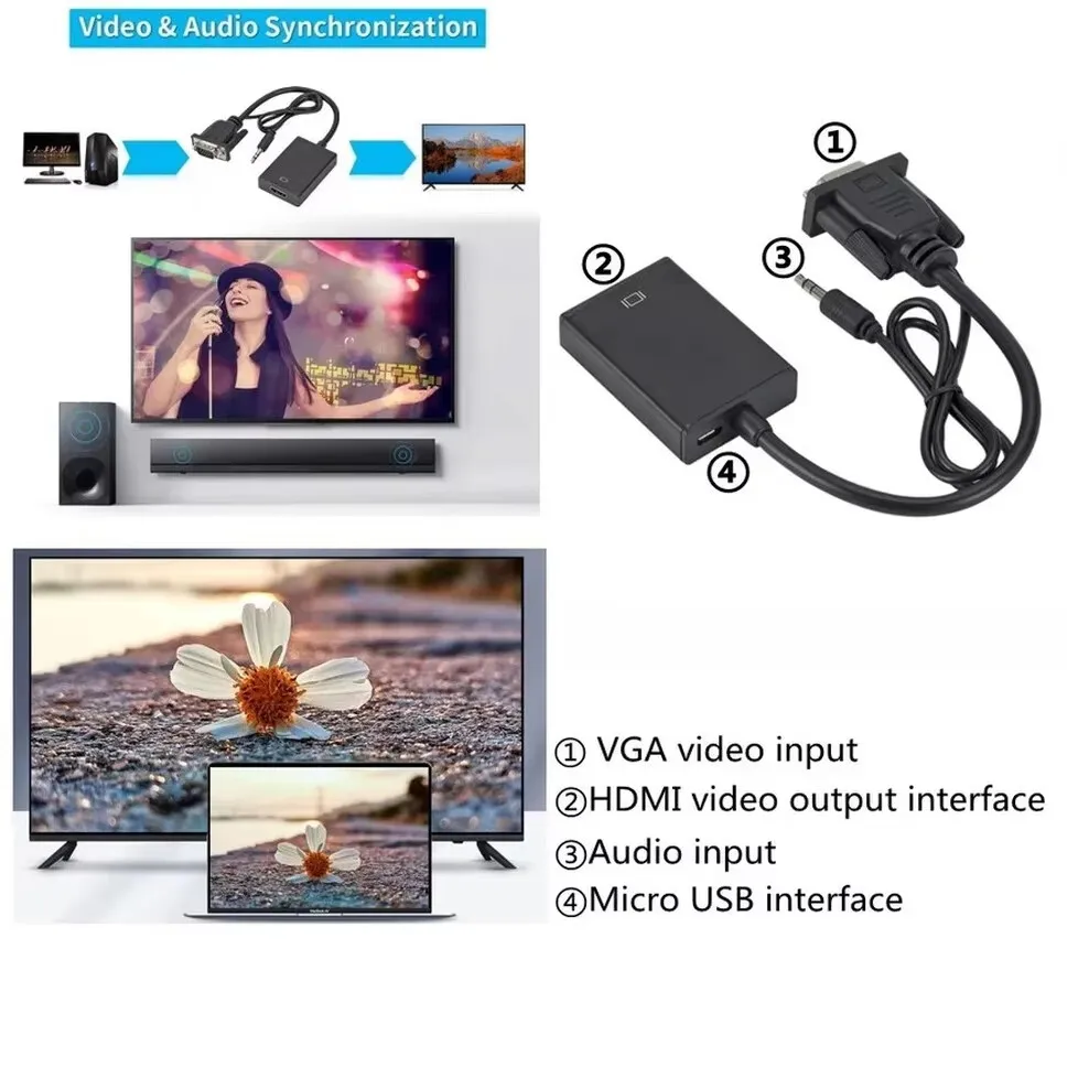 Hannord-Adaptador convertidor compatible con VGA a HDMI, Cable macho a hembra con Audio 1080P, adaptador VGA para PC, portátil, proyector HDTV - imagen 4