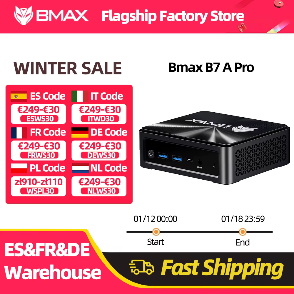 BMAX B7 A Pro Mini Pc AMD Ryzen 5 7430U Procesador AMD Radeon Gráficos 16GB RAM 512GB SSD Windows 11 USB HDMI Tipo-C Bluetooth