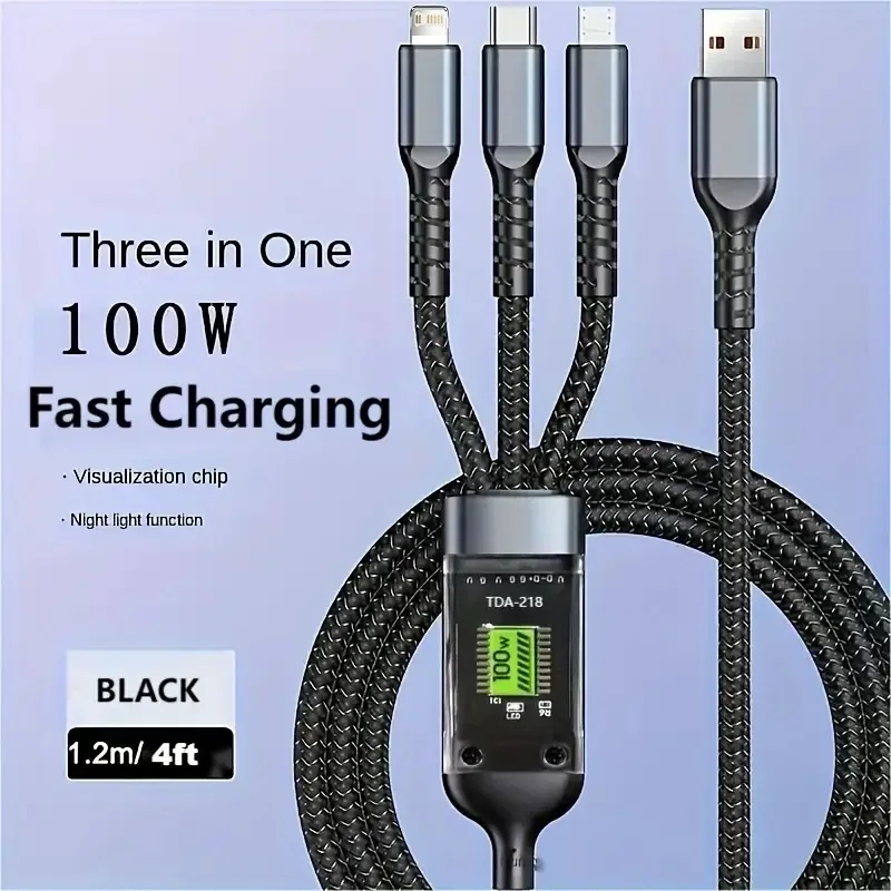Cable de carga rápida 3 en 1 de 100W para iPhone, Xiaomi, Poco, Huawei, Samsung, Micro USB tipo C, Cable de carga multipuerto - imagen 2