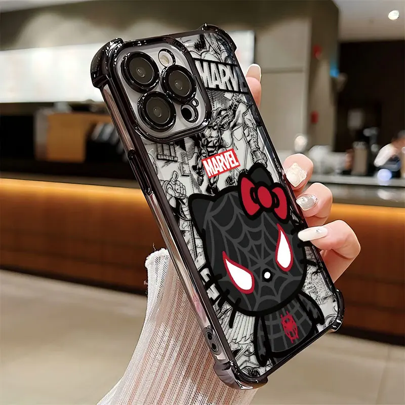 Funda chapada de Anime Marvel Hello Kitty para iPhone 16 15 14 13 12 11 Pro Max X XR XSMax 7 8 Plus, funda trasera anticaída Airabag - imagen 4