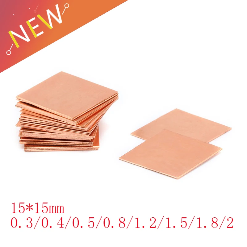 Disipador térmico de cobre para ordenador portátil, almohadillas térmicas de 5 piezas, 15x15mm, 0,3/0,4/0,5/0,8/1,2/1,5/1,8/2 espesores, Chipset IC, GPU, CPU