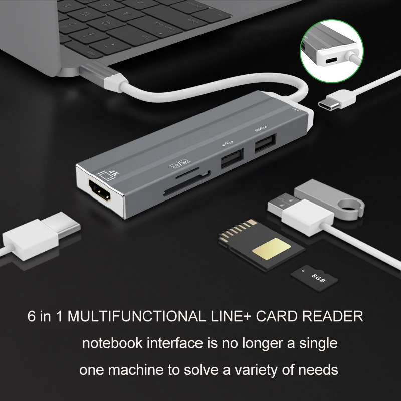Hub USB C 6 en 1 tipo C 3,0 a adaptador HDMI 4K con lector de tarjetas SD/TF PD carga rápida para MacBook Notebook ordenador portátil - imagen 3