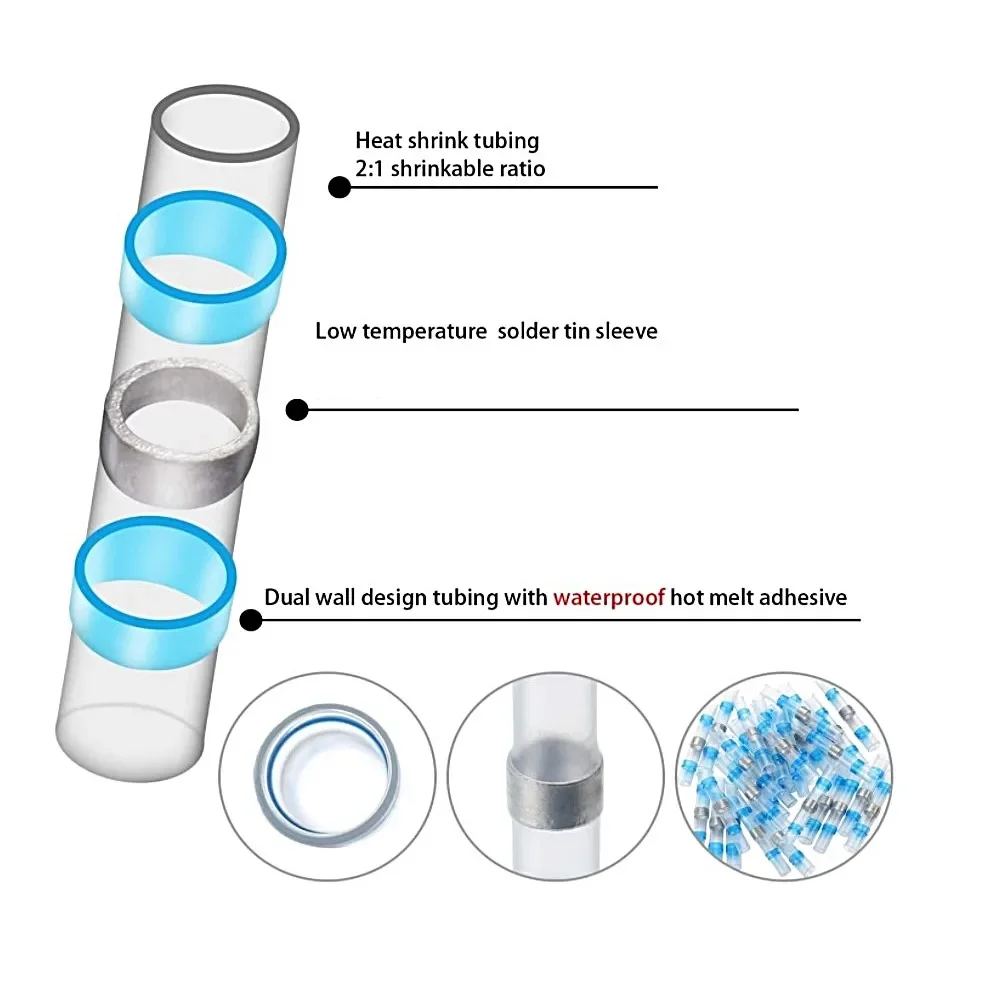 100 Uds. Conectores de Cable termorretráctil impermeables, funda de soldadura, Terminal de Cable eléctrico aislado a tope, Kits de conectores de soldadura - imagen 3