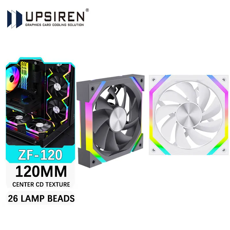 UPSIREN ZF-120 ventilador con cubierta de ordenador 12cm ARGB 4Pin PWM ventilador de refrigeración silencioso 12V gran volumen de aire 45CFM/600-1500RPM utiliza 26 cuentas de lámpara