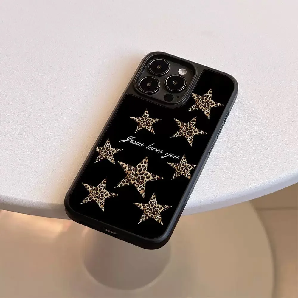Ins-funda de teléfono epoxi con borde negro y estrellas con estampado de leopardo, funda de teléfono anticaída de TPU para iPhone XR/11/12/13/14/15/16/17 Pro Max - imagen 5
