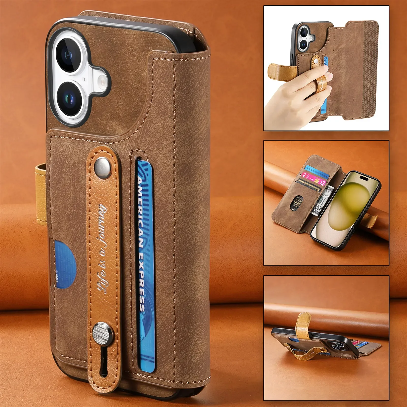 Funda de cuero con tapa para iPhone, cartera con tapa para tarjetas de pulsera para iPhone 16 Pro Max 15 Plus 14 13 12 11 XS XR SE 2022, libro con soporte RFID - imagen 4