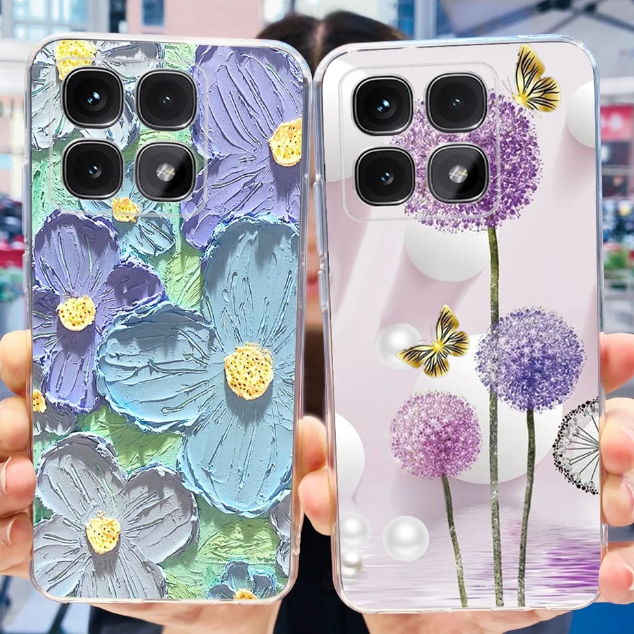 Funda de silicona transparente para teléfono xiaomi Mi 14T Pro, carcasa suave con bonito gato y flores pintadas para Xiaomi 14T Pro 14TPro Mi14T - imagen 2