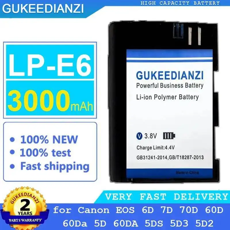 Batería de cámara segura para Canon Eos 6D 7D 70D 60D 60Da 5D 60DA 5DS 5D3 5D2 carga rápida 3000Mah LP-E6