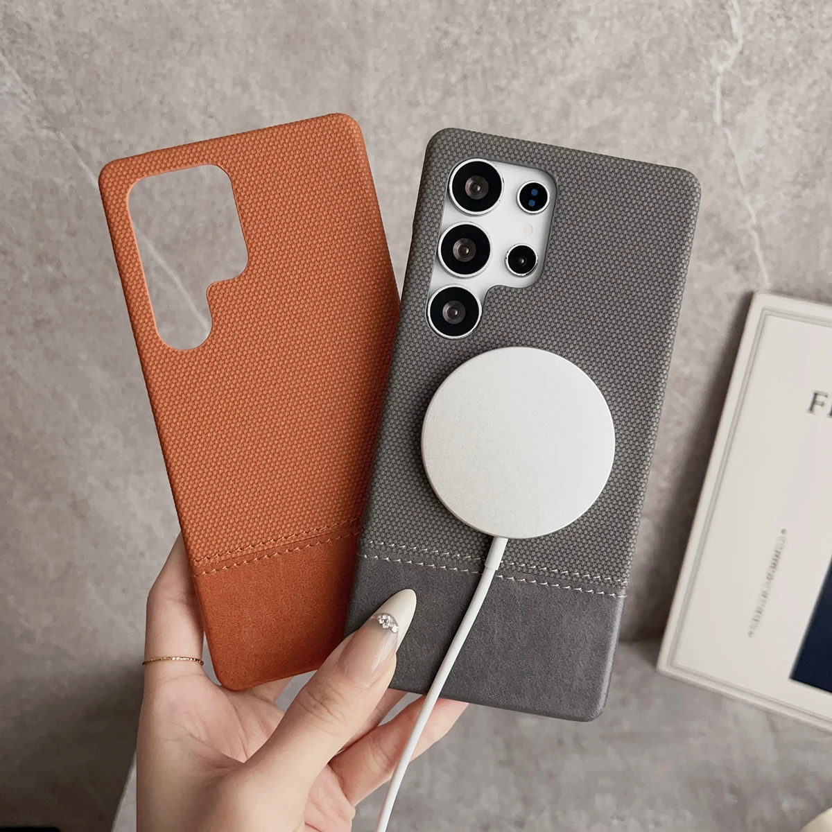 Funda magnética de cuero de tela para Samsung Galaxy S25 S24 S23 Ultra Cover Colorblock imán para Mag-safe Charge Fundas antigolpes - imagen 3