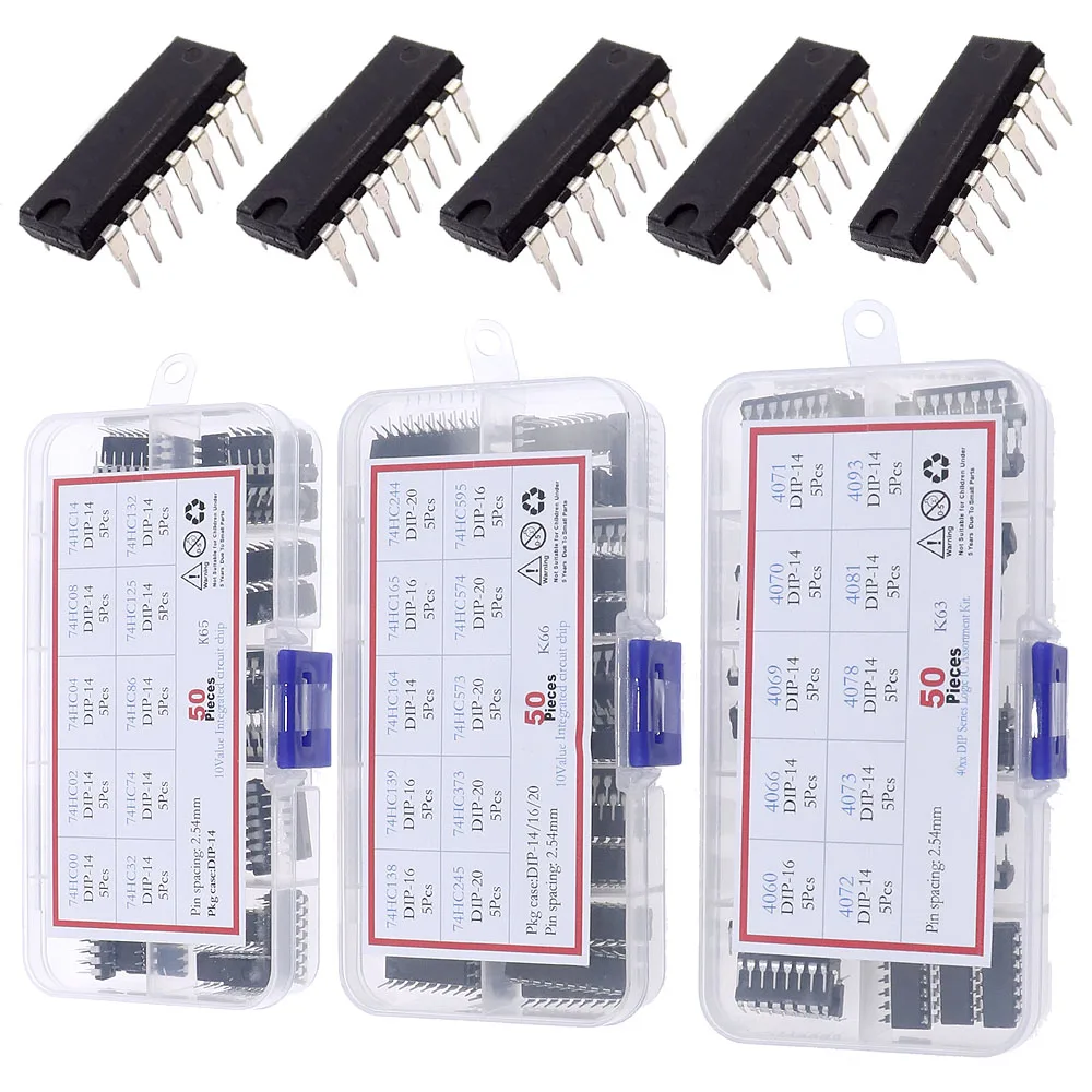 Kit surtido de chips de circuito integrado DIP SMD IC, caja de enchufes IC, serie IC lógica CMOS común