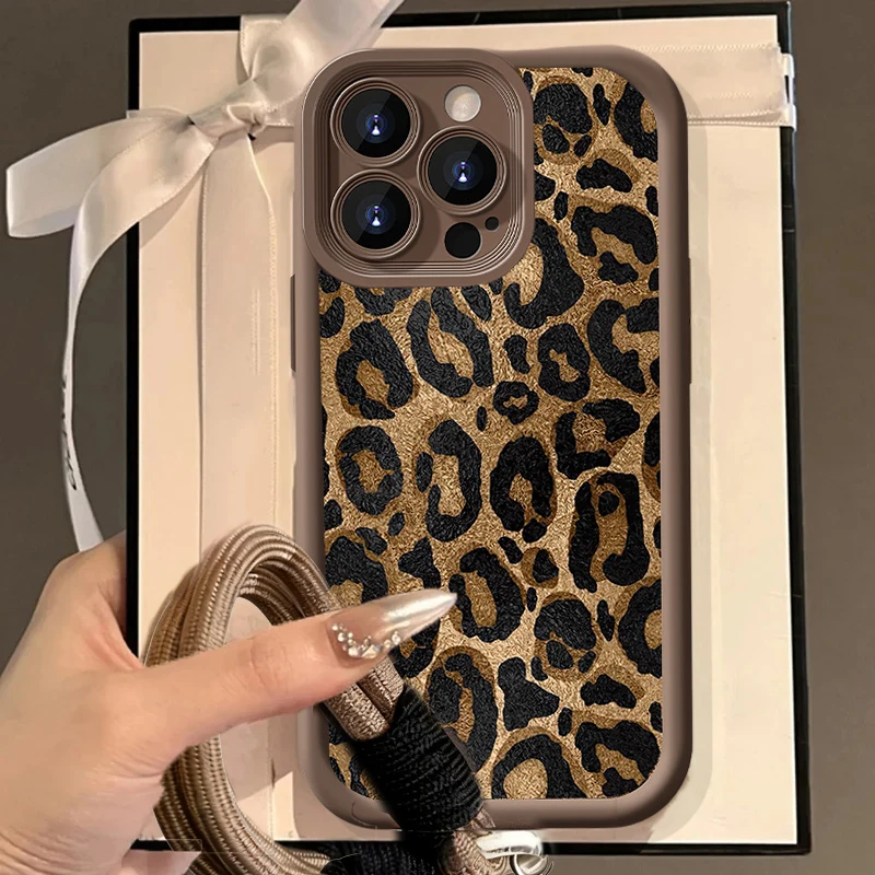 Funda con cordón y correa colgante con estampado de leopardo negro para IPhone 16 15 14 13 12 11 Pro Max Plus 17 Pro 17 Air 16E 13 Mini funda de silicona