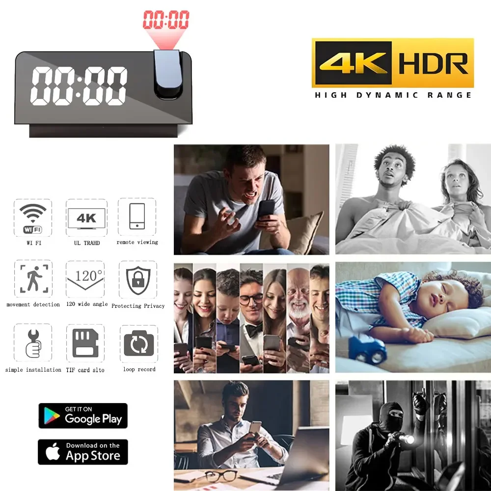 Cámara despertador de proyección HD 4K, minicámara inalámbrica WiFi para seguridad del hogar inteligente, monitoreo de mascotas y vigilancia del hogar DIY - imagen 3
