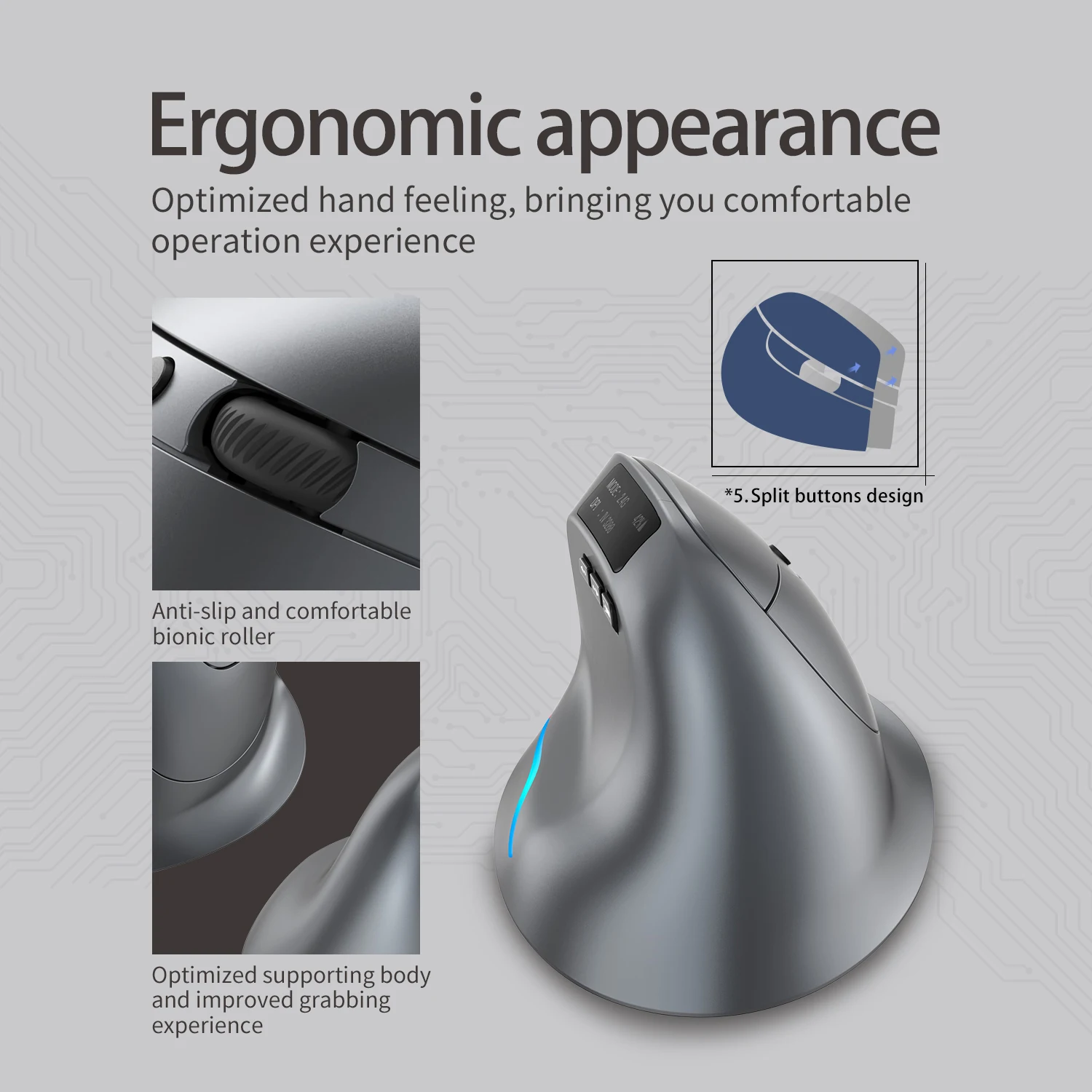 Ratón Vertical ZELOTES F-26C 2,4G, ratón inalámbrico Bluetooth, ratón ergonómico silencioso para juegos, pantalla LED de 3200DPI para PC y portátil - imagen 4