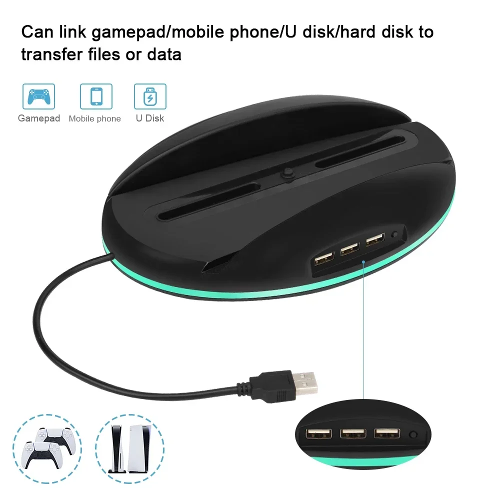 Nuevo para consola de juegos PS5, Base de iluminación Vertical LED RGB, soporte con 3 puertos USB 2,0 para accesorios Playstation 5 PS5 - imagen 3