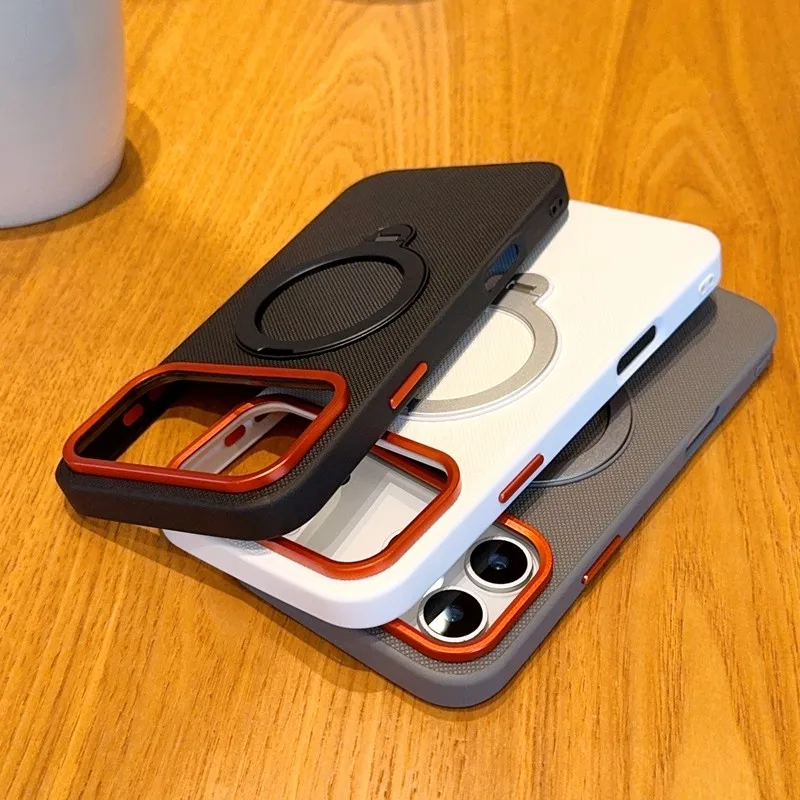 Para iPhone Air, 17 Pro Max funda magnética ELVEV tejido antihuellas de cuero PU duro PC soporte giratorio cubierta de teléfono - imagen 3