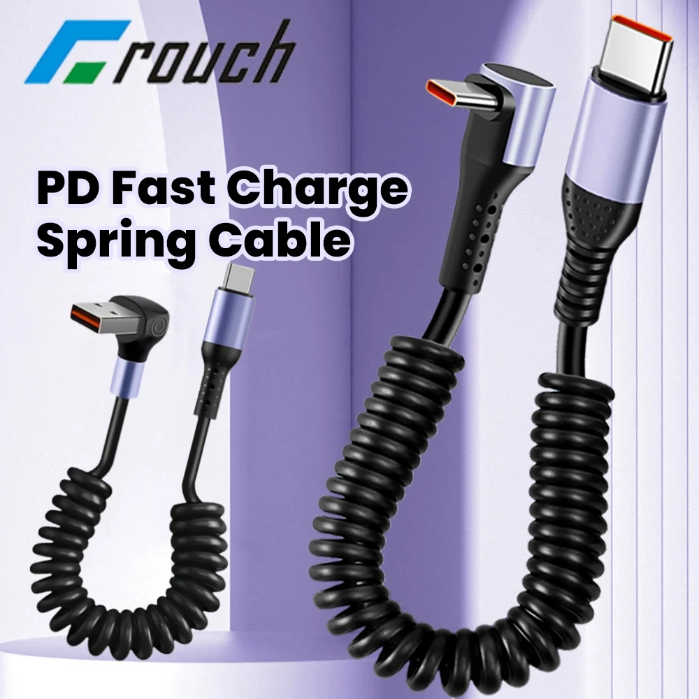 Codo de 90 grados USB tipo C a C Cable resorte retráctil USB C Cable 6A 66W Cable de datos de carga rápida para iphone Android CarPlay
