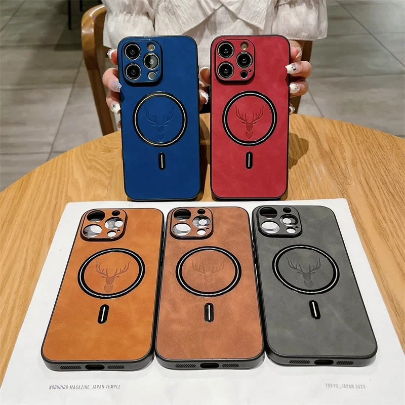 Funda de teléfono magnética de piel de cordero con cabeza de ciervo para iPhone 16 16E 15 14 Plus 13 12 11 Pro Max a prueba de golpes para funda trasera Magsafe - imagen 4