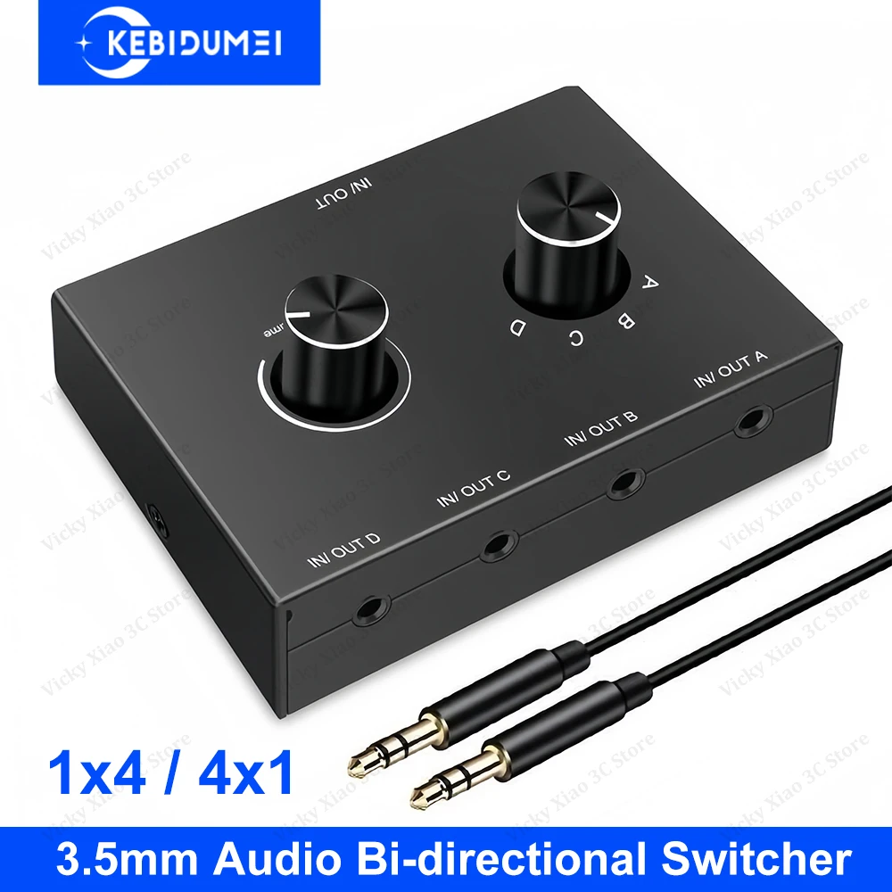 Conmutador de audio bidireccional Conmutador de audio estéreo de 4 vías y 3,5 mm 4 en 1 salida / 4 en 1 salida con botón de silencio para altavoz de auriculares de PC