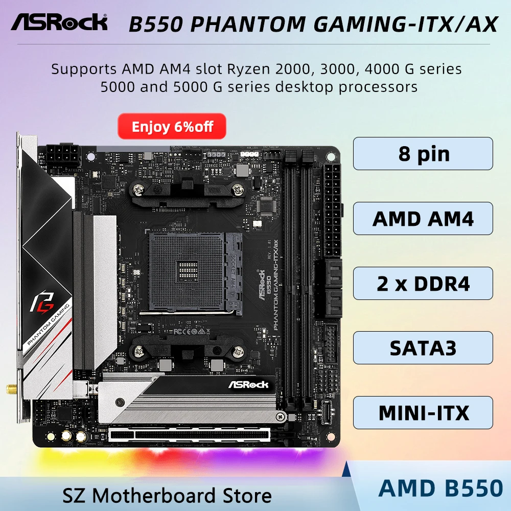 Placa base B550 AM4 ASROCK B550 PHANTOM GAMING-ITX/AX compatible con CPU Ryzen 5 5600X 5600 7 5800X 9 5900X DDR4 M.2 Mini-ITXplaca mãe