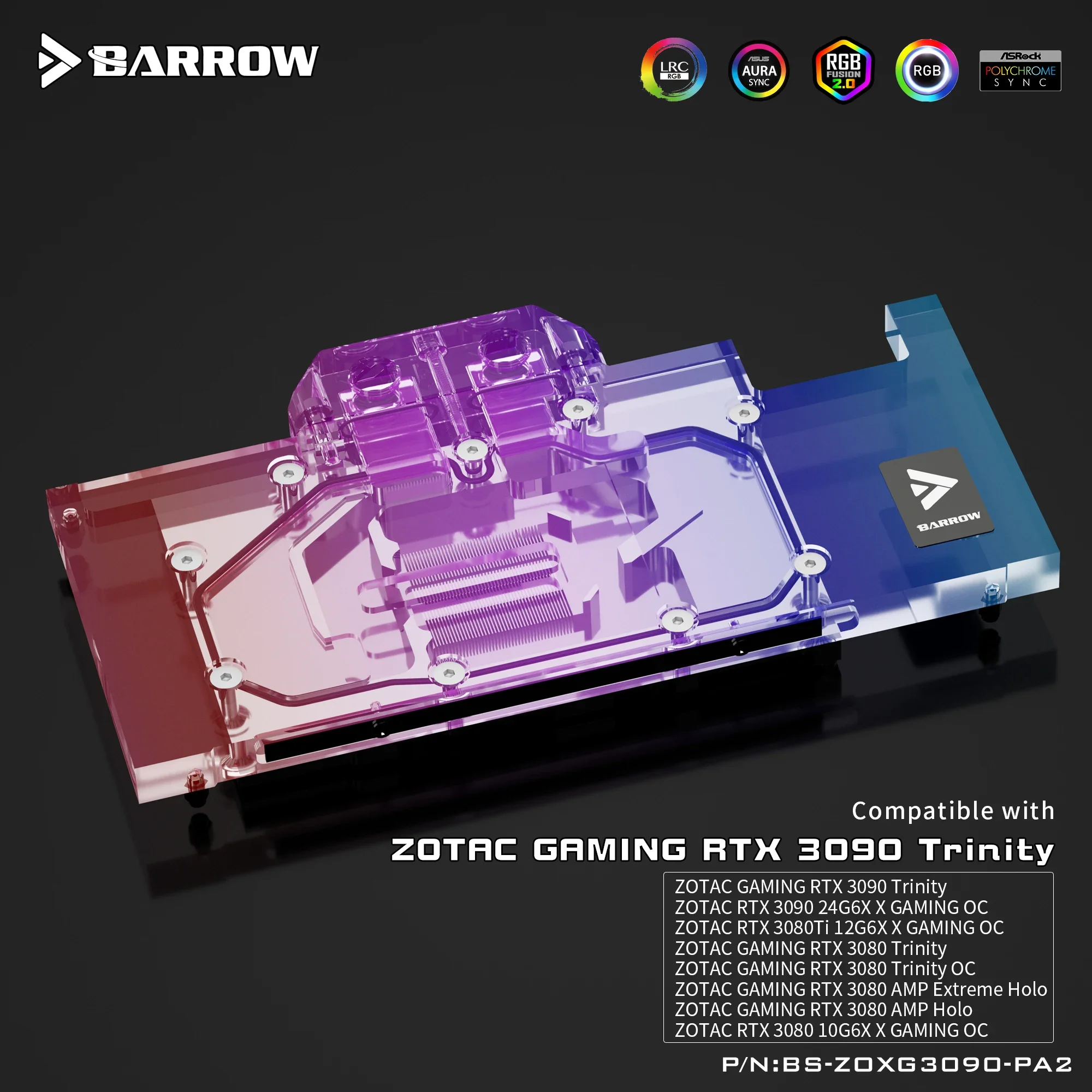 Barrow-bloque de agua GPU para ZOTAC GAMING RTX 3090 3080 TI, 5V ARGB, placa base de 3 pines AURA SYNC BS-ZOXG3090-PA2 - imagen 4