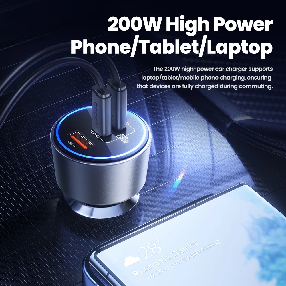 Toocki 200W USB C cargador de coche para tableta QC4.0 PD3.0 LED de alta velocidad tipo C cargador de teléfono de coche rápido para iPhone 15 13 Samsung POCO - imagen 5