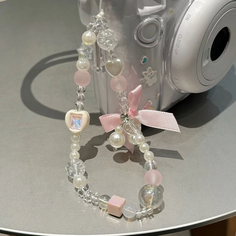Coreano encantador lazo rosa blanco con cuentas cadena de teléfono cordón para iPhone Samsung accesorios universales colgante de joyería - imagen 5