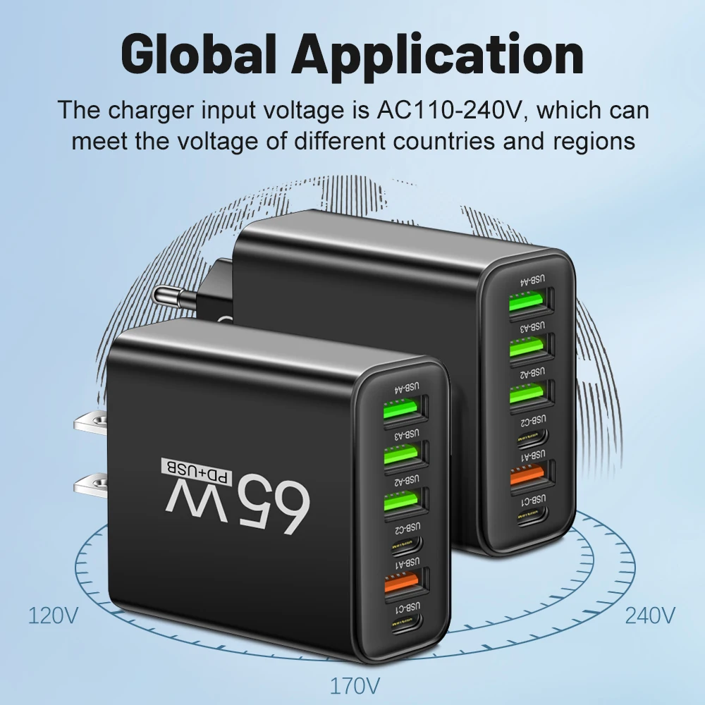 Total 65W 6 en 1 4 USB 2 tipo C cargador de pared rápido de carga rápida para iPhone Samsung Xiaomi Huawei adaptador de teléfono móvil - imagen 5