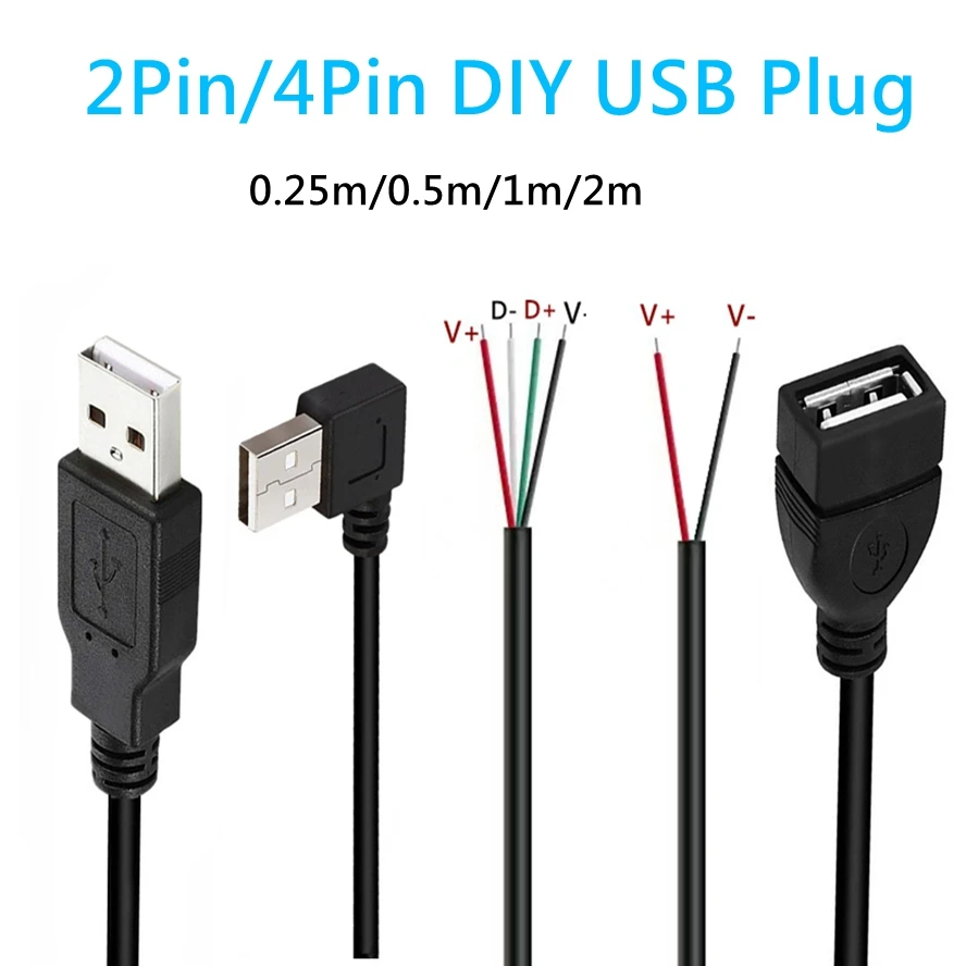 Cable de alimentación USB DIY de 0,3 m/1m/2m, 5V, 2 pines, USB 2,0 A, hembra, macho, Cable de 4 pines, conector de extensión de Cable de carga