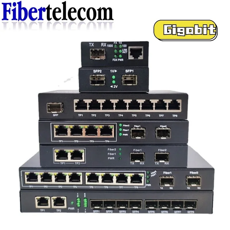 Convertidor de medios Gigabit SFP SFP a 1/2/4/8 RJ45, módulo transceptor Ethernet rápido de 100/1000M, interruptor de canal de fibra de cámara IP
