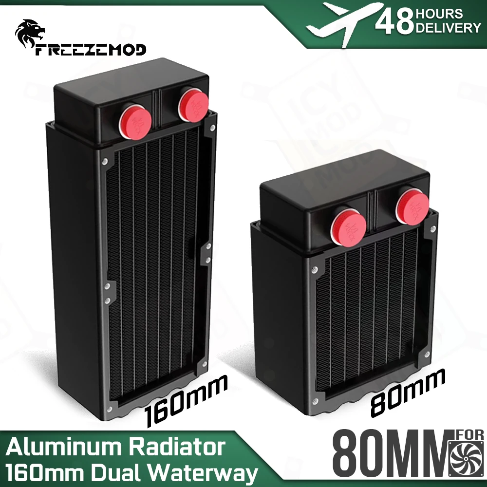 FREEZEMOD-mini radiador de refrigeración por agua de aluminio, disipador de calor doble de 16cm con 16 canales, Compatible con rosca G1/4', ventilador de 80mm, MOD para PC