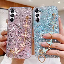 Funda de teléfono con pulsera de mariposa brillante para Samsung, A55, A25, A35, A14, A24, A34, A54, A13, A23, A33, A53, A22, A32, A52, A05S, funda con purpurina