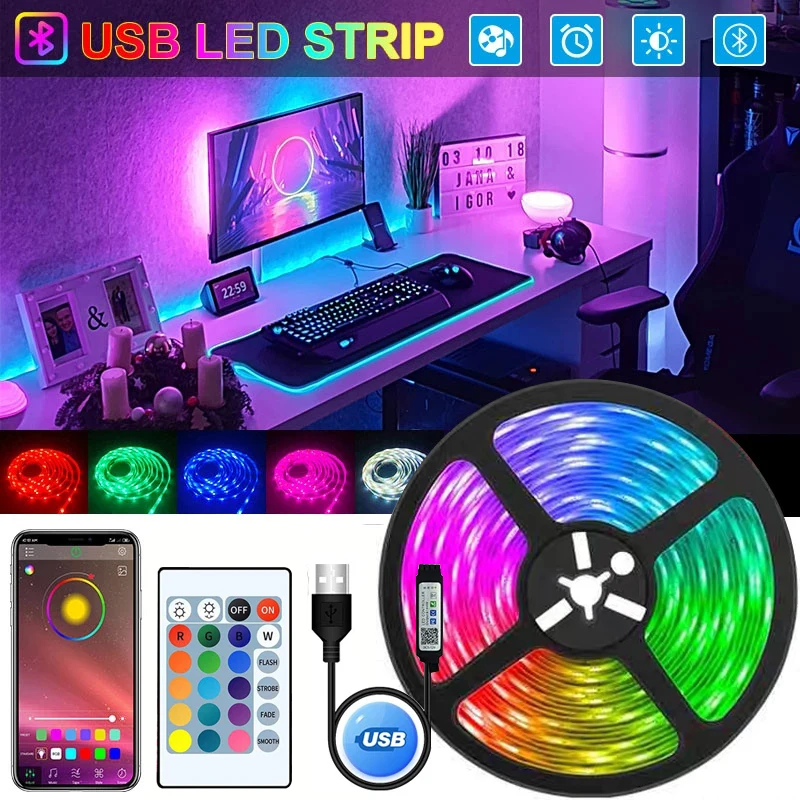 Tira de luces LED RGB 5050, 30leds/m, Control por aplicación Bluetooth, luces LED para TV, cinta Flexible, cinta de diodo, retroiluminación de TV, decoración de habitación