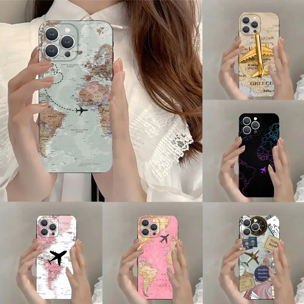 Funda de teléfono con mapa de avión para iPhone 15,14,13,12,11,Plus,Pro Max,XS,X,XR,SE,Mini,8,7, silicona suave, color negro
