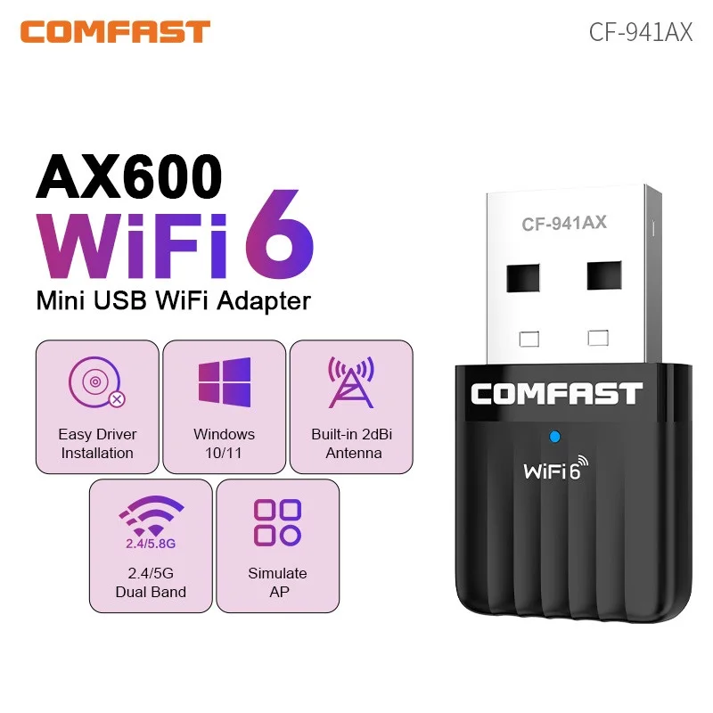 Adaptador COMFAST AX600 WiFi6 2,4G y 5G 572Mbps tarjeta de red 802.11ax controlador USB WiFi6 Dongle gratis para PC/portátil Win 10/11