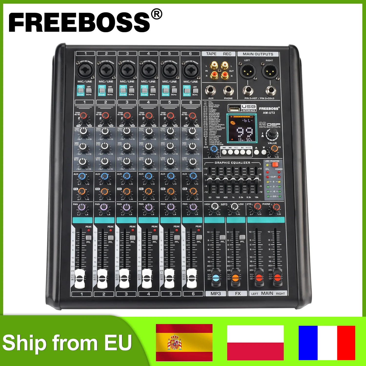 Consola mezcladora de 6 canales mono FREEBOSS, mesa de Audio Bluetooth con efecto 99 DSP, Monitor EQ de 7 bandas, mezclador de sonido con grabación USB, AM-UT2 de escritorio