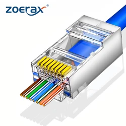 ZOERAX Conector de paso RJ45 CAT5/6 blindado chapado en oro Ethernet