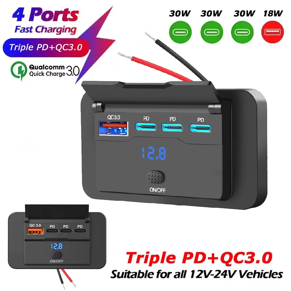 108W 4 puertos 12V RV salida USB 90W PD y QC 3,0 18W puerto cargador de coche accesorios con interruptor de voltaje para coche autobús RV