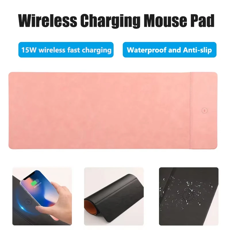 Alfombrilla de ratón con carga inalámbrica, alfombrilla antideslizante de tela PU para ratón, ordenador, PC, alfombrilla de escritorio para Gamer, accesorios grandes para alfombrilla de ratón para juegos de oficina