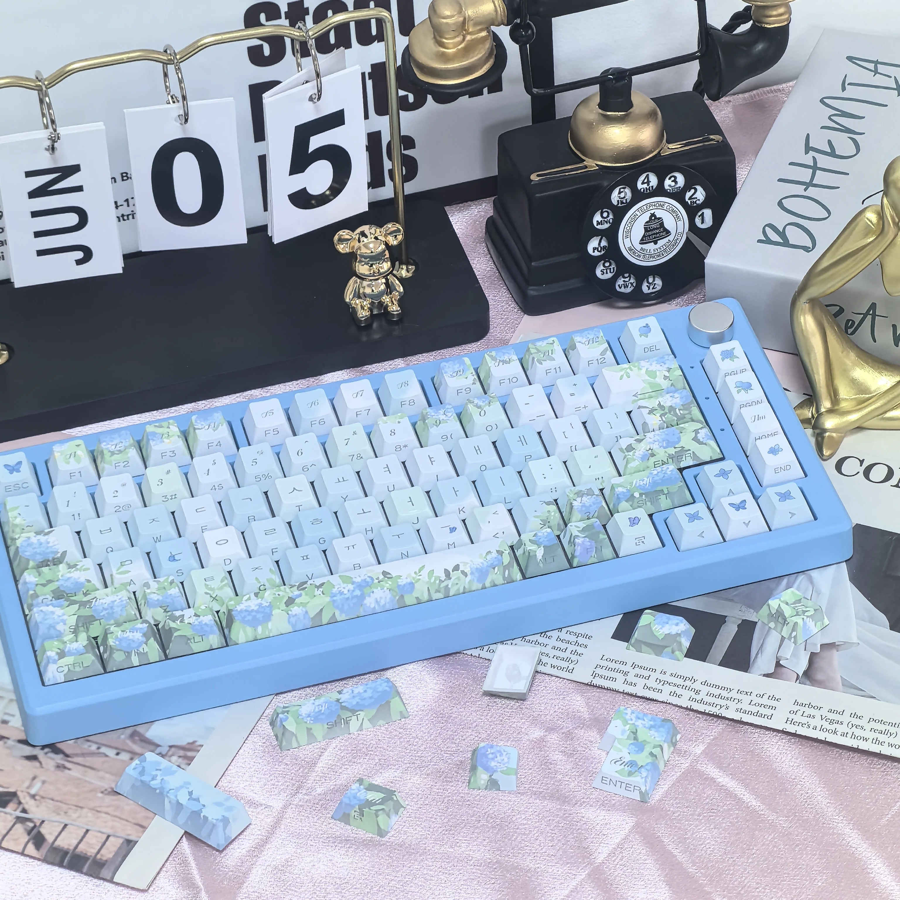 Teclas coreanas azules, 133 teclas, elegante, verde, sin fin, Hortensia, cereza, grabado lateral para teclado Mx, planta, flor, KR - imagen 2