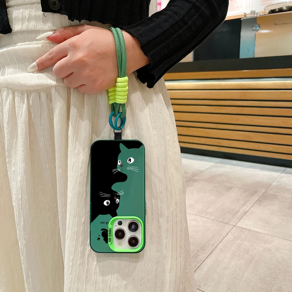 Funda de teléfono con correa de cordón de gato negro de dibujos animados para Samsung Galaxy A13 A23 A15 A35 A55 S24 S23 S22 S21 Ultra Plus S20 FE cubierta dura - imagen 5