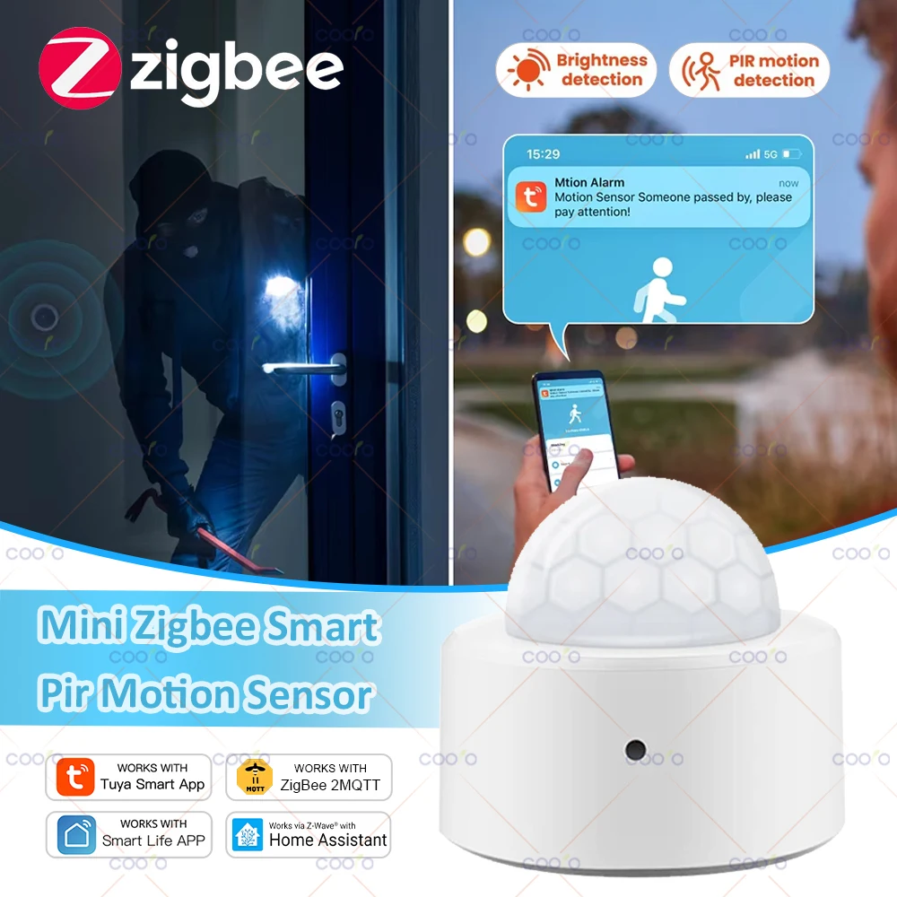 Tuya-Mini Detector de movimiento PIR Zigbee 2 en 1 + luz Lux brillante, Sensor de alarma antirrobo de seguridad infrarrojo pasivo, Control por aplicación remota