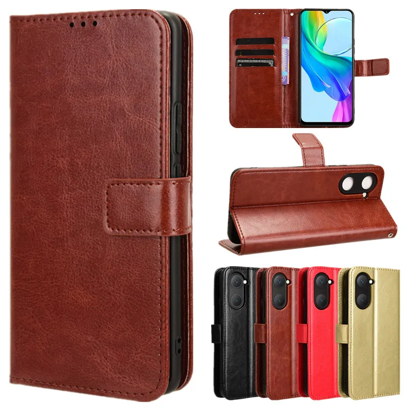 Funda de cuero con tapa para VIVO Y18 Y18e Y28 Y28S 5G Y03 Y02 Y17S Y27 Y22S, funda protectora tipo billetera con ranura para tarjetas, funda con soporte
