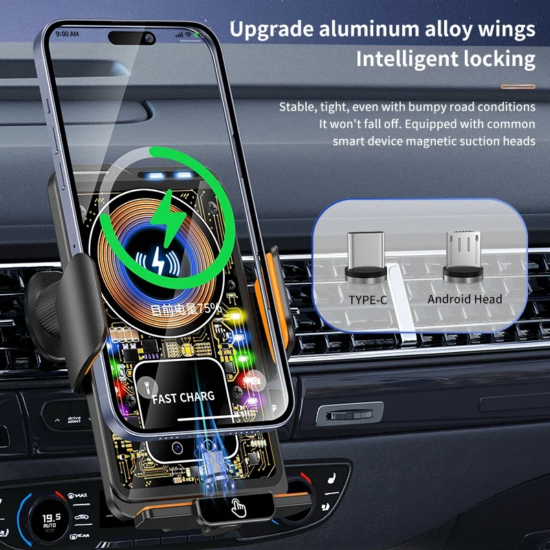 Max 66W magnético 15W cargador inalámbrico para coche carga rápida sujeción automática RGB luz soporte para teléfono soporte para iPhone Samsung - imagen 3