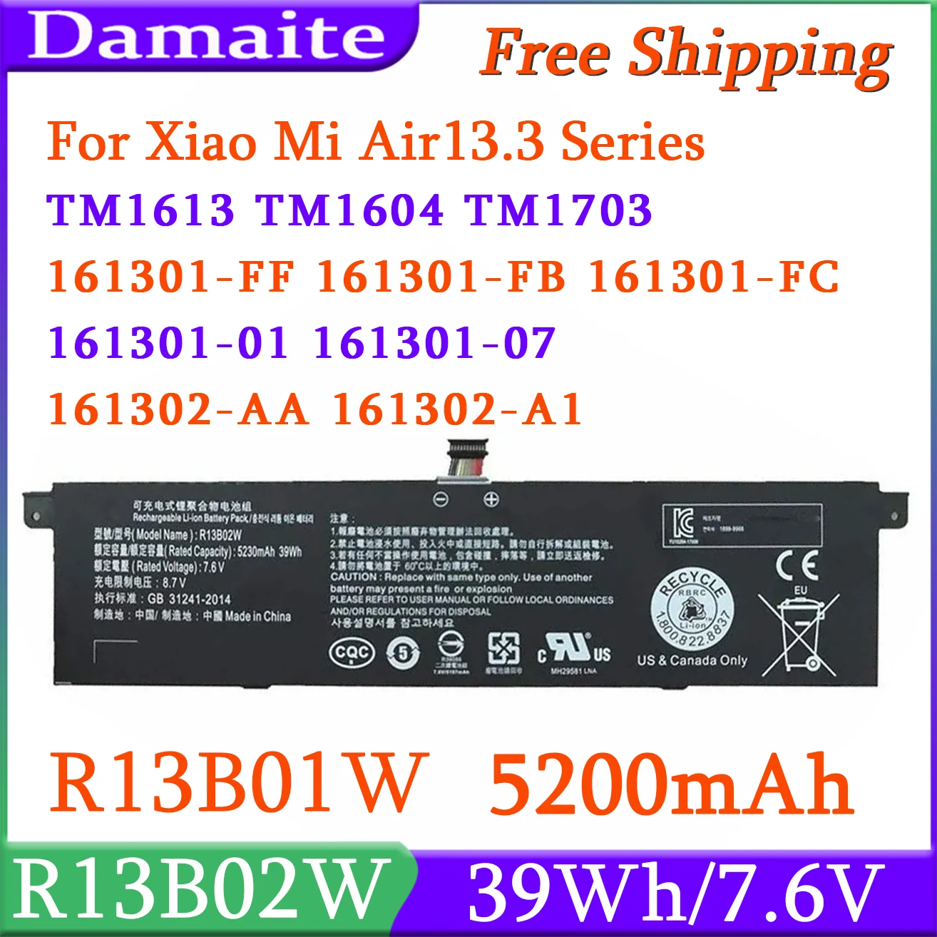 Nueva r13b02w/r13b01w 7,6 V 39wh batería del ordenador portátil para Xiao mi aire 13,3 pulgadas serie Tablets PC Baterías
