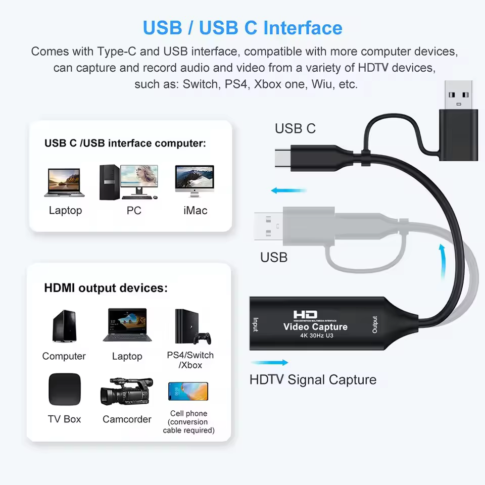 Tarjeta de captura de vídeo HDMI 4K 1080P HDMI a USB2.0/3.0 tipo C 2 en 1 dispositivo de captura de grabación de grabador de juegos para interruptor en vivo Xbox PS4/5 - imagen 2