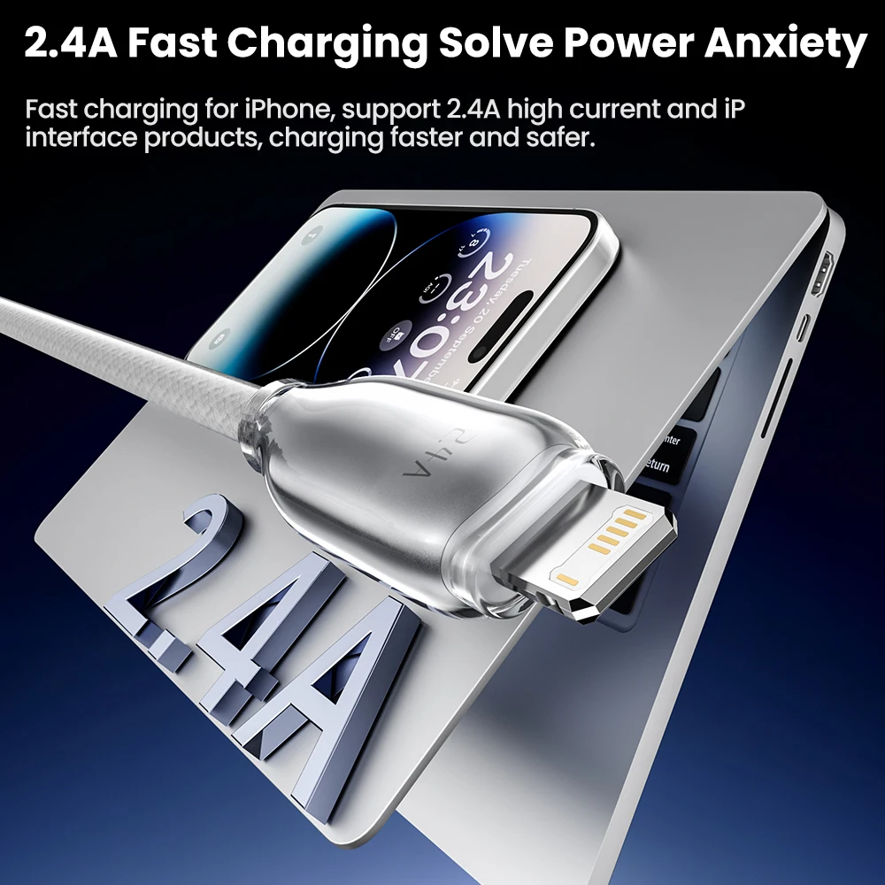 Toocki Cable USB A para iPhone 14 13 12 11 USB A PD 20W USB 2,0 480Mbps aleación de Zinc transparente carga rápida para ipad 9 Pad 8 - imagen 5