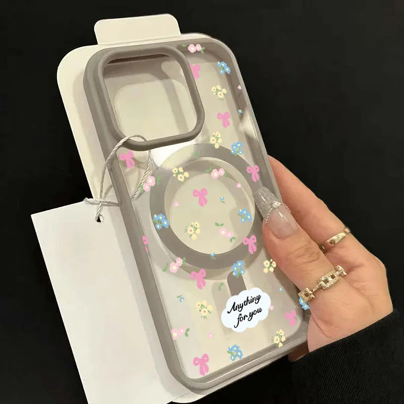 Funda de teléfono suave Circular magnética integrada transparente con lazo de flores rotas para iPhone 17 11 13 12 15 14 16 Pro Max Plus Air Cover - imagen 3