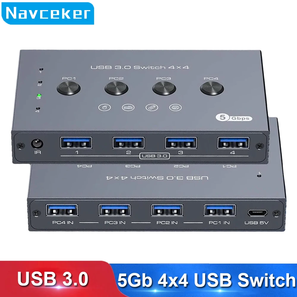 Navceker 4 en 4 salida KVM USB 3,0 interruptor controlador compartido adaptador de concentrador USB 2,0 conmutador de impresora para PC portátil teclado ratón - imagen 2
